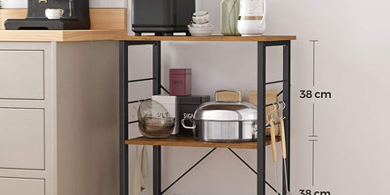 Kitchen Baker's Rack,  3-Tier Serving Cart with Metal Frame and 6 Hooks, Rustic Brown