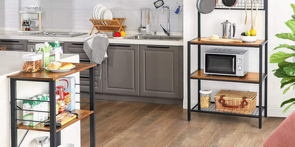Kitchen Baker's Rack,  3-Tier Serving Cart with Metal Frame and 6 Hooks, Rustic Brown