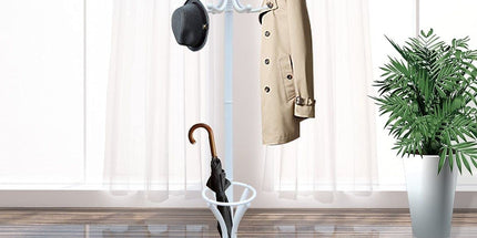 White Coat Rack with Stand Wooden Hat and 12 Hooks Hanger Walnut tree