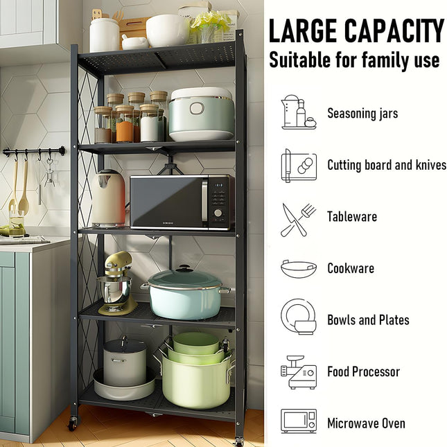CARLA HOME 5-Tier Foldable Storage Shelf with Wheels for Kitchen, Garage, Pantry or Basement (Black)