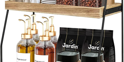 CARLA HOME 2-Tier Wooden Coffee Station Rack Organizer for Coffee Bar, Condiments, Syrups, Storage Jars & Spice Storage Shelf