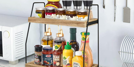 CARLA HOME 2-Tier Wooden Coffee Station Rack Organizer for Coffee Bar, Condiments, Syrups, Storage Jars & Spice Storage Shelf