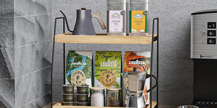 CARLA HOME 2-Tier Wooden Coffee Station Rack Organizer for Coffee Bar, Condiments, Syrups, Storage Jars & Spice Storage Shelf