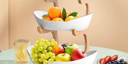 CARLA HOME 3-Tier Plastic Fruit Bowl Basket with Bamboo Stand for Kitchen Counter, Snack Tray, Dessert Server & Vegetable Storage Rack
