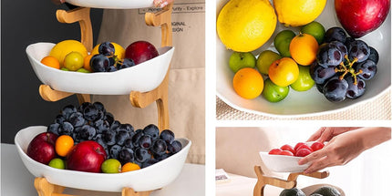 CARLA HOME 3-Tier Plastic Fruit Bowl Basket with Bamboo Stand for Kitchen Counter, Snack Tray, Dessert Server & Vegetable Storage Rack