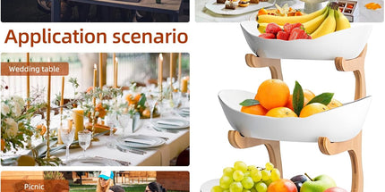 CARLA HOME 3-Tier Plastic Fruit Bowl Basket with Bamboo Stand for Kitchen Counter, Snack Tray, Dessert Server & Vegetable Storage Rack
