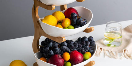 CARLA HOME 3-Tier Plastic Fruit Bowl Basket with Bamboo Stand for Kitchen Counter, Snack Tray, Dessert Server & Vegetable Storage Rack