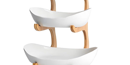 CARLA HOME 3-Tier Plastic Fruit Bowl Basket with Bamboo Stand for Kitchen Counter, Snack Tray, Dessert Server & Vegetable Storage Rack