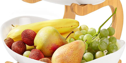 CARLA HOME 2-Tier Plastic Fruit Bowl Basket with Bamboo Stand for Kitchen Counter, Snack Tray, Dessert Server & Vegetable Storage Rack