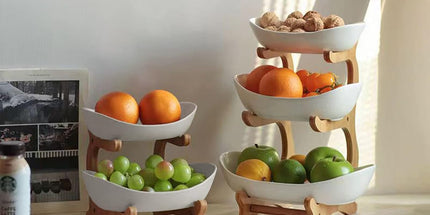 CARLA HOME 2-Tier Plastic Fruit Bowl Basket with Bamboo Stand for Kitchen Counter, Snack Tray, Dessert Server & Vegetable Storage Rack