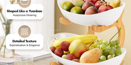 CARLA HOME 2-Tier Plastic Fruit Bowl Basket with Bamboo Stand for Kitchen Counter, Snack Tray, Dessert Server & Vegetable Storage Rack