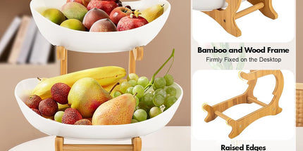 CARLA HOME 2-Tier Plastic Fruit Bowl Basket with Bamboo Stand for Kitchen Counter, Snack Tray, Dessert Server & Vegetable Storage Rack