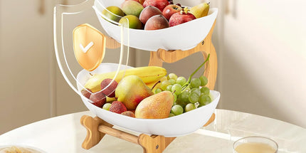 CARLA HOME 2-Tier Plastic Fruit Bowl Basket with Bamboo Stand for Kitchen Counter, Snack Tray, Dessert Server & Vegetable Storage Rack