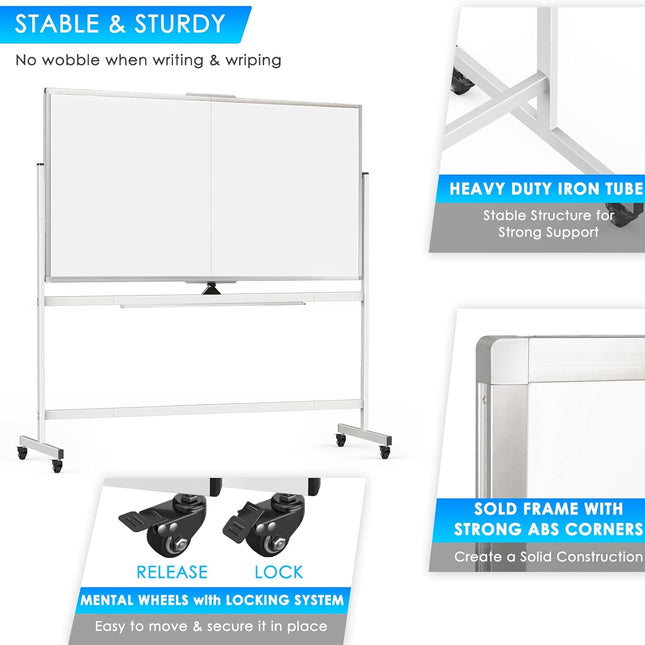 CARLA HOME Double-Sided Magnetic Whiteboard 120x90cm with Wheels, Reversible Design for School, Office & Home