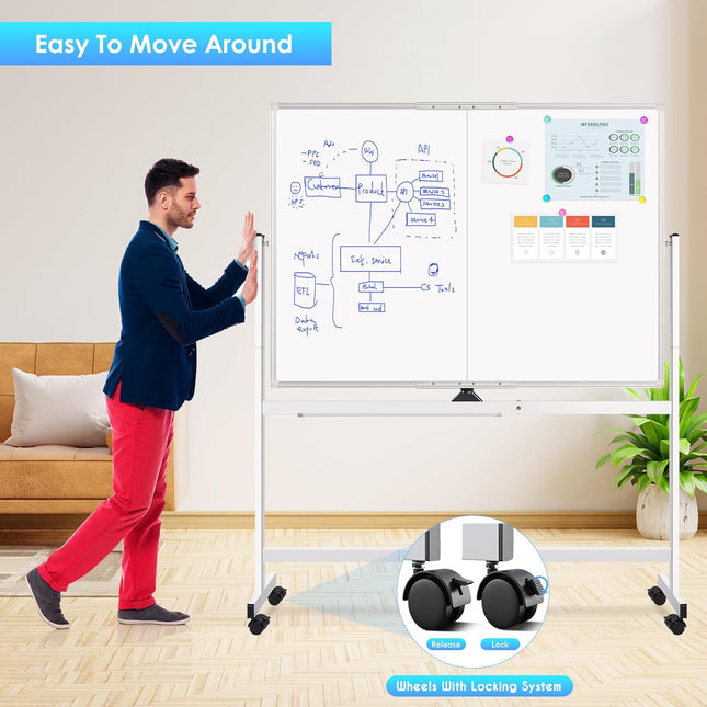CARLA HOME Double-Sided Magnetic Whiteboard 120x90cm with Wheels, Reversible Design for School, Office & Home