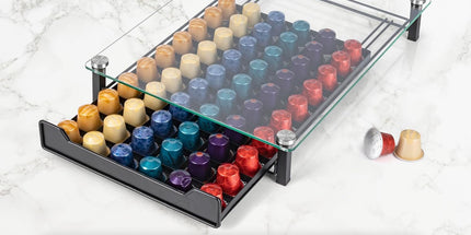 CARLA HOME 60 Coffee Pod Holder Drawer with Tempered Glass Capsule Organizer for Nespresso Pods and Sliding Drawer for Kitchen Countertop
