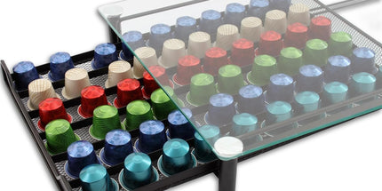 CARLA HOME 60 Coffee Pod Holder Drawer with Tempered Glass Capsule Organizer for Nespresso Pods and Sliding Drawer for Kitchen Countertop