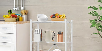 CARLA HOME 3-Tier Foldable Storage Shelf with Wheels for Kitchen, Garage, Pantry or Basement (White)
