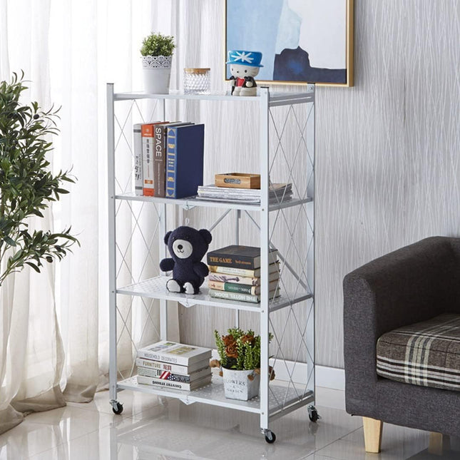 CARLA HOME 4-Tier Foldable Storage Shelf with Wheels for Kitchen, Garage, Pantry or Basement (White)