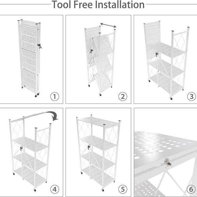 CARLA HOME 4-Tier Foldable Storage Shelf with Wheels for Kitchen, Garage, Pantry or Basement (White)