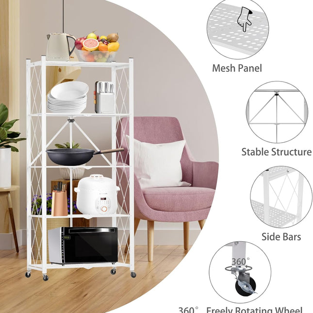 CARLA HOME 5-Tier Foldable Storage Shelf with Wheels for Kitchen, Garage, Pantry or Basement (White)
