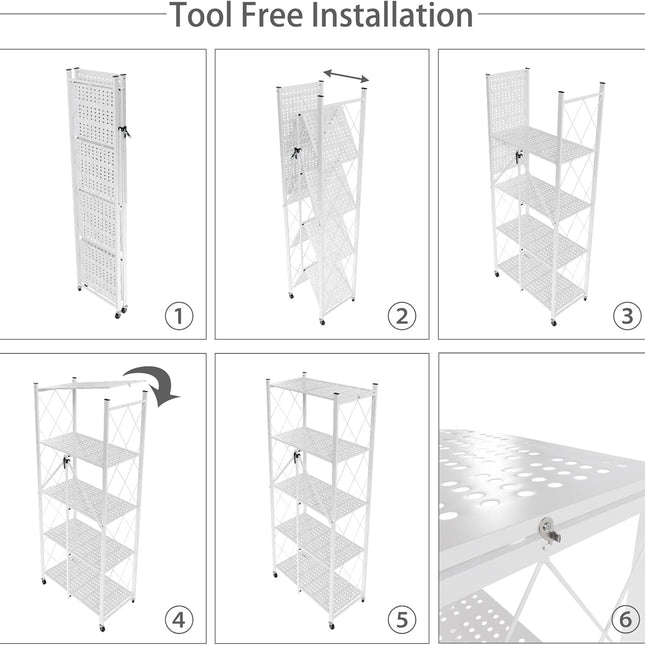 CARLA HOME 5-Tier Foldable Storage Shelf with Wheels for Kitchen, Garage, Pantry or Basement (White)