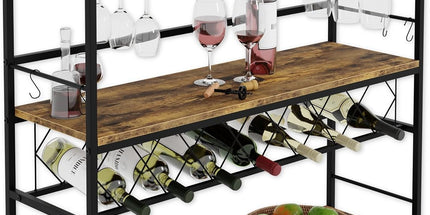 CARLA HOME Large Wine Rack with Glass Holder, Metal Designed Bottle Holder and Wood Countertop for Wine & Champagne