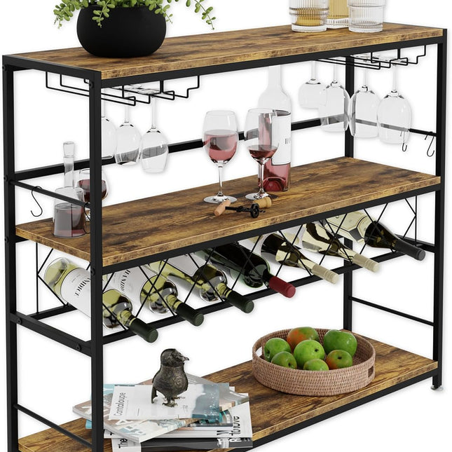 CARLA HOME Large Wine Rack with Glass Holder, Metal Designed Bottle Holder and Wood Countertop for Wine & Champagne