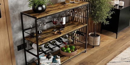CARLA HOME Large Wine Rack with Glass Holder, Metal Designed Bottle Holder and Wood Countertop for Wine & Champagne