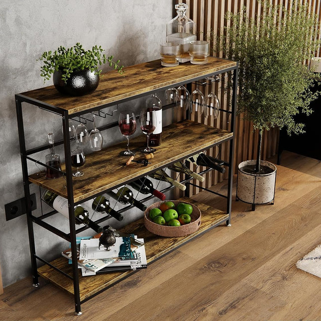 CARLA HOME Large Wine Rack with Glass Holder, Metal Designed Bottle Holder and Wood Countertop for Wine & Champagne