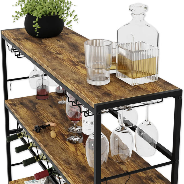 CARLA HOME Large Wine Rack with Glass Holder, Metal Designed Bottle Holder and Wood Countertop for Wine & Champagne
