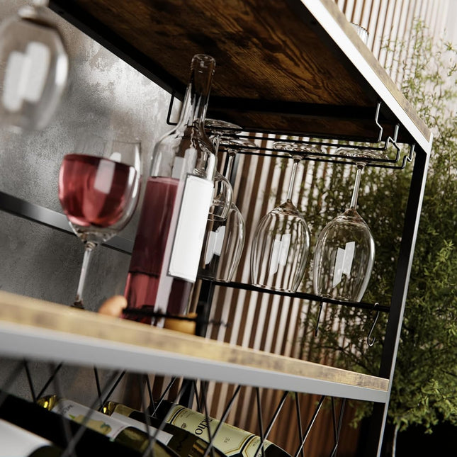 CARLA HOME Large Wine Rack with Glass Holder, Metal Designed Bottle Holder and Wood Countertop for Wine & Champagne