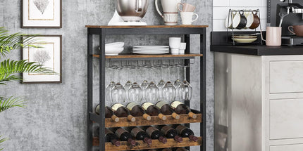 CARLA HOME Large Wine Rack with Glass Holder, Metal Designed Bottle Holder and Wood Countertop up to Wine & Champagne Bottles