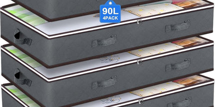 CARLA HOME 4 Pack Underbed Storage Bins with 90L Large Capacity Storage Containers for Comforters, Linen, Pillows, Toys, Towels, Blankets