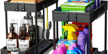 CARLA HOME 2 Pack Under Sink Organizer with Pull-Out Basket and Hooks for Bathroom & Kitchen