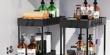 CARLA HOME 2 Pack Under Sink Organizer with Pull-Out Basket and Hooks for Bathroom & Kitchen