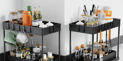 CARLA HOME 2 Pack Under Sink Organizer with Pull-Out Basket and Hooks for Bathroom & Kitchen