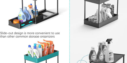 CARLA HOME 2 Pack Under Sink Organizer with Pull-Out Basket and Hooks for Bathroom & Kitchen