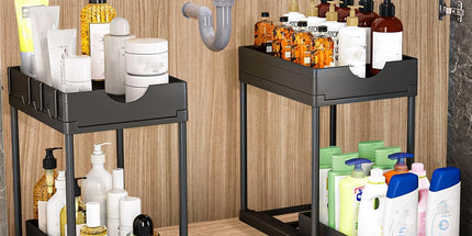 CARLA HOME 2 Pack Under Sink Organizer with Pull-Out Basket and Hooks for Bathroom & Kitchen