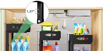 CARLA HOME 2 Tier Under Sink Organizer Pull Out Sliding Cabinet Storage Shelf with Height Adjustable for Kitchen, Bathroom or Laundry Room (Black)