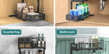 CARLA HOME 2 Tier Under Sink Organizer Pull Out Sliding Cabinet Storage Shelf with Height Adjustable for Kitchen, Bathroom or Laundry Room (Black)