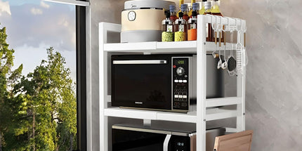 CARLA HOME 3-Tier Microwave Oven Rack with Adjustable Metal Kitchen Shelf Stand for Countertop Storage and 6 Hooks for Utensils