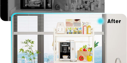 CARLA HOME 3-Tier Microwave Oven Rack with Adjustable Metal Kitchen Shelf Stand for Countertop Storage and 6 Hooks for Utensils