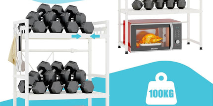 CARLA HOME 3-Tier Microwave Oven Rack with Adjustable Metal Kitchen Shelf Stand for Countertop Storage and 6 Hooks for Utensils