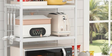 CARLA HOME 3-Tier Microwave Oven Rack with Adjustable Metal Kitchen Shelf Stand for Countertop Storage and 6 Hooks for Utensils