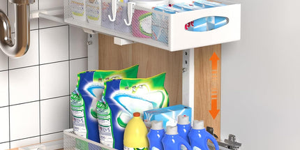 CARLA HOME 2 Tier Under Sink Organizer Pull Out Sliding Cabinet Storage Shelf with Height Adjustable for Kitchen, Bathroom or Laundry Room (White)