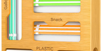 CARLA HOME 6-in-1 Bamboo Kitchen Drawer Organizer with Ziplock Bag Storage, Wrap Dispenser, Cutter for Gallon, Quart, Sandwich, Snack, Foil & Plastic Wrap