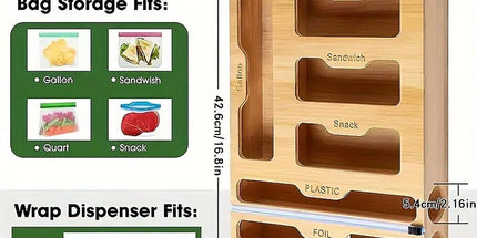 CARLA HOME 6-in-1 Bamboo Kitchen Drawer Organizer with Ziplock Bag Storage, Wrap Dispenser, Cutter for Gallon, Quart, Sandwich, Snack, Foil & Plastic Wrap