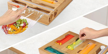 CARLA HOME 6-in-1 Bamboo Kitchen Drawer Organizer with Ziplock Bag Storage, Wrap Dispenser, Cutter for Gallon, Quart, Sandwich, Snack, Foil & Plastic Wrap