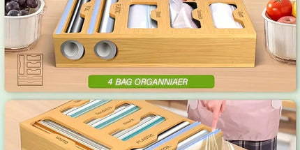 CARLA HOME 6-in-1 Bamboo Kitchen Drawer Organizer with Ziplock Bag Storage, Wrap Dispenser, Cutter for Gallon, Quart, Sandwich, Snack, Foil & Plastic Wrap